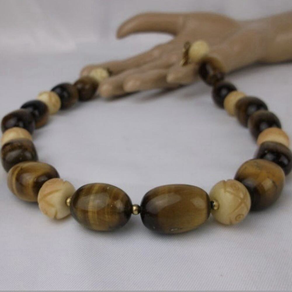 Vintage Kenneth Jay Lane Tigers Eye Necklace Carved‎ Bead 18” - Picture 2 of 3